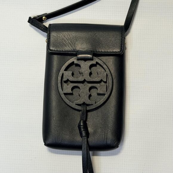 Tory Burch Miller Phone Crossbody Bag Womens Black Leather Logo Medallion Tassel - Picture 1 of 12